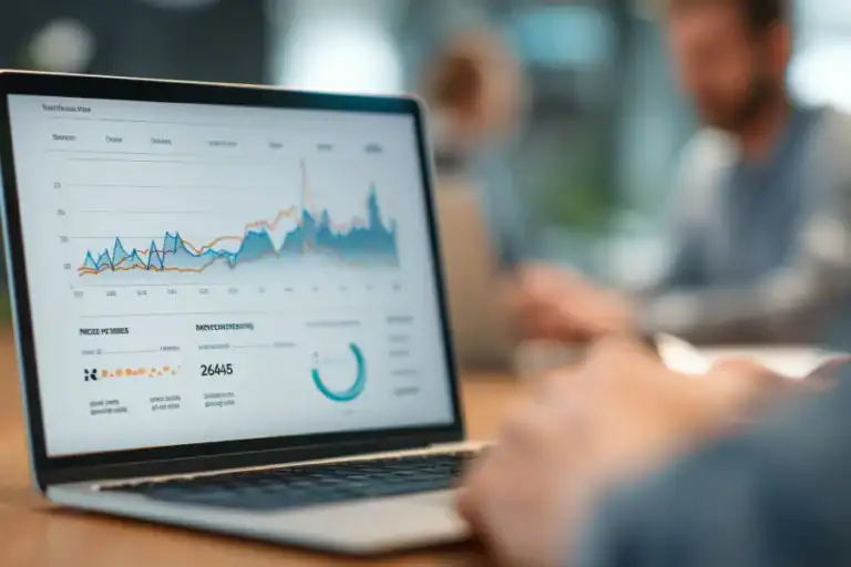 Data analytics and business insights on a laptop screen for digital marketing strategies.