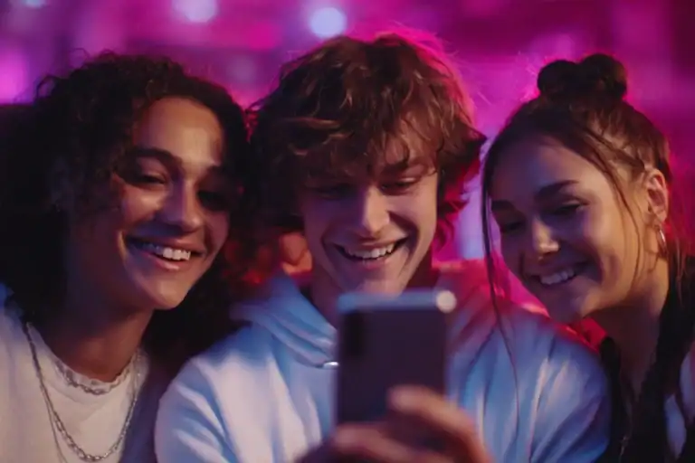 Vibrant group of friends smiling and taking a selfie at a lively party scene.