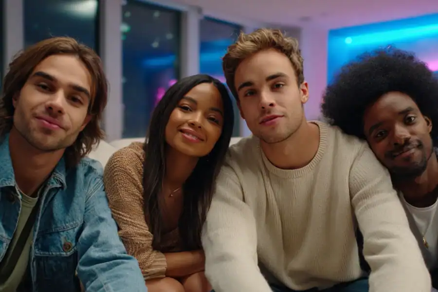 Happy diverse group of friends enjoying nightlife at Asmone, vibrant party atmosphere, social gathering, youthful fun, and modern entertainment.