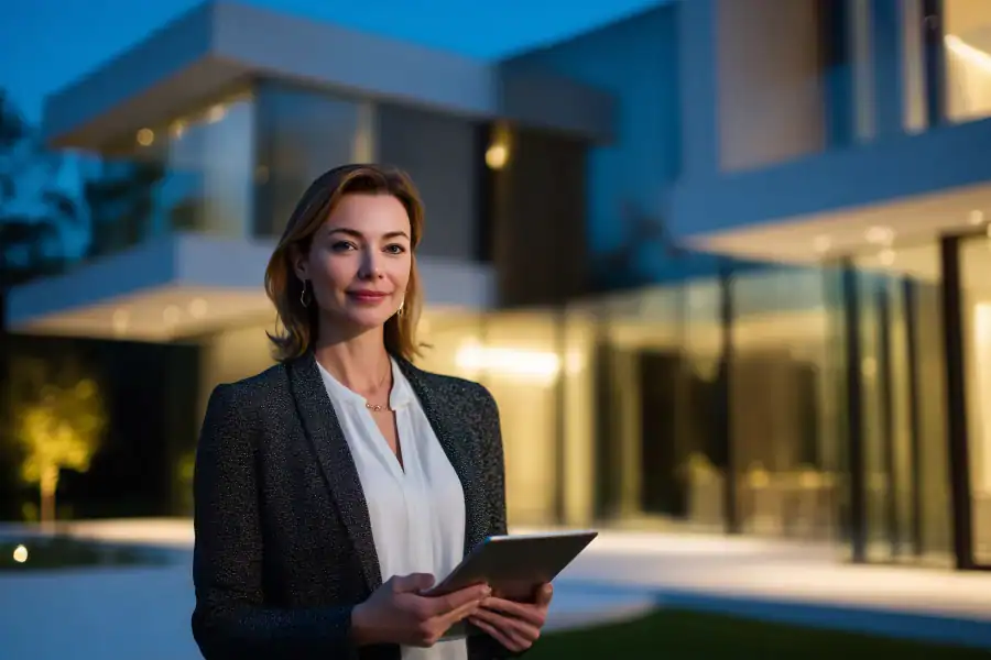 Elegant professional woman in business attire holding a tablet outside modern building at dusk.