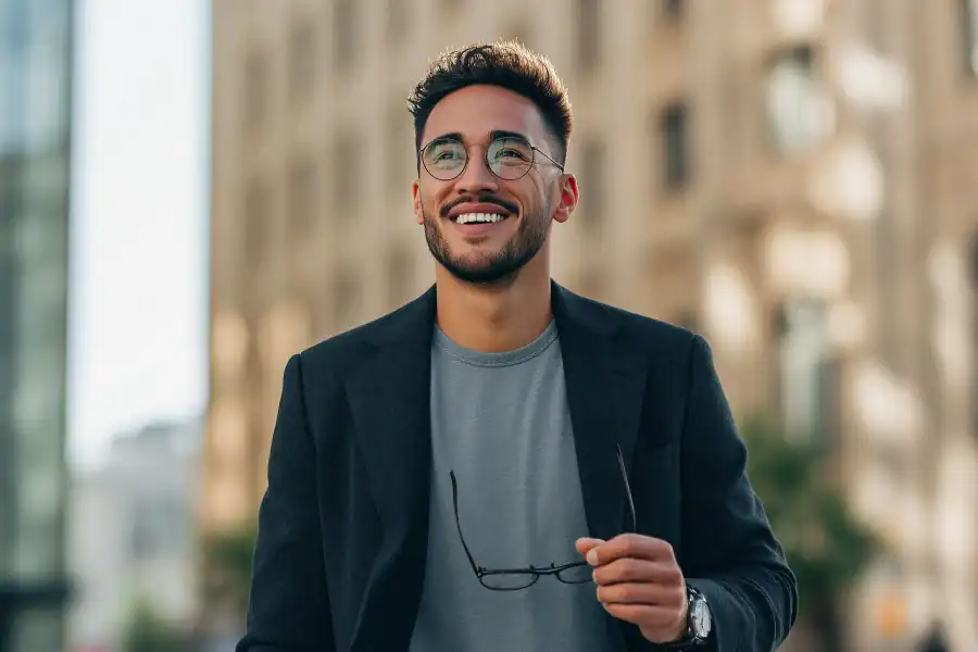 Young businessman smiling outdoors, urban background, wearing glasses and casual attire.