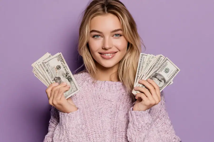 Hundred dollar bills, money, cash, female, young woman, cash payout.