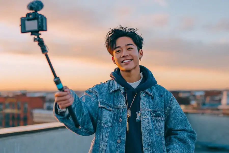 Young man taking selfie with a camera on a selfie stick during sunset, urban rooftop scene.