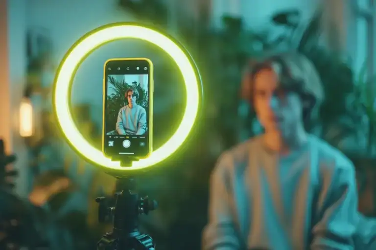 Young woman taking a selfie with ring light and smartphone, creative indoor photography.