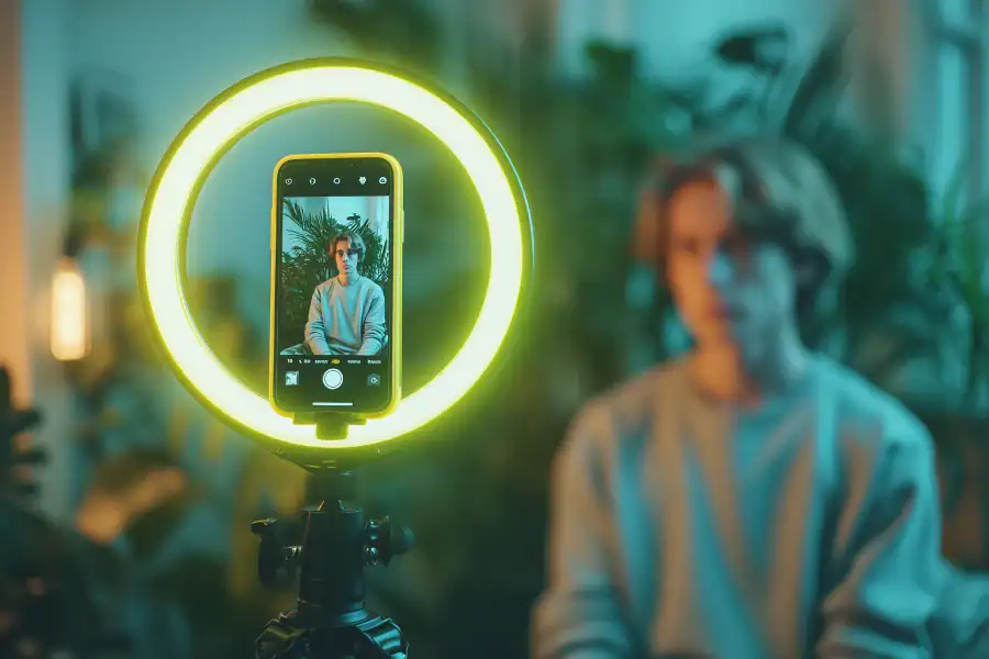 Young woman taking a selfie with ring light and smartphone, creative indoor photography.