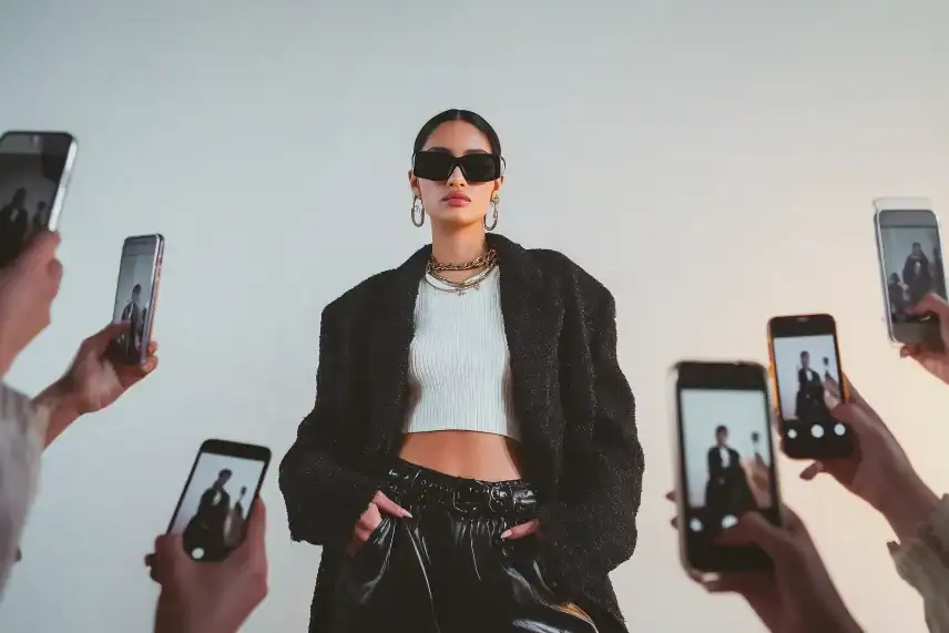 Fashion model posing for photoshoot in trendy streetwear, showcasing modern style and accessories.