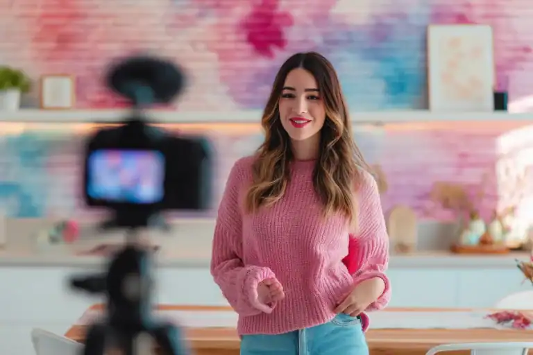 Bright smiling woman recording colorful creative content in modern studio.