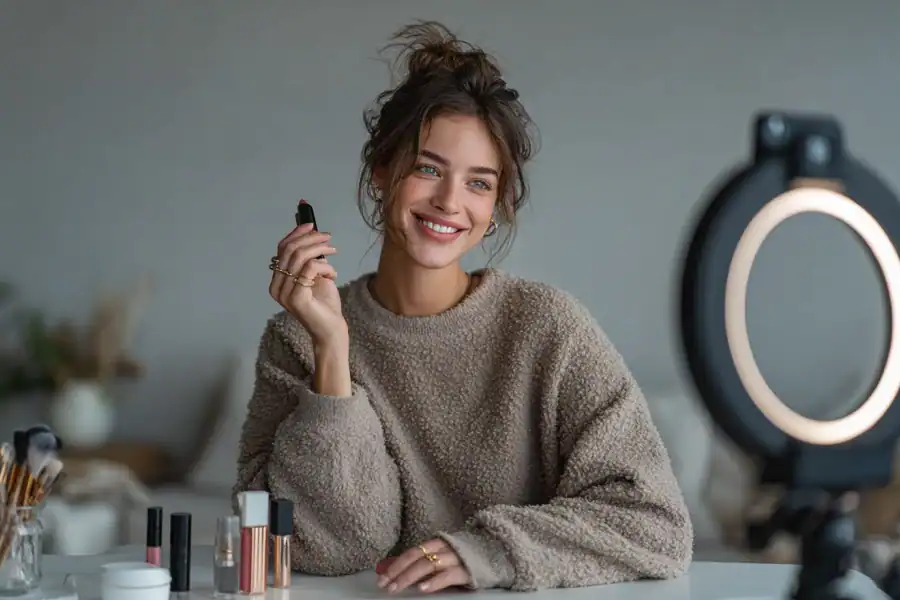 Bright smiling woman applying makeup with ring lights and beauty products, creating perfect beauty content.