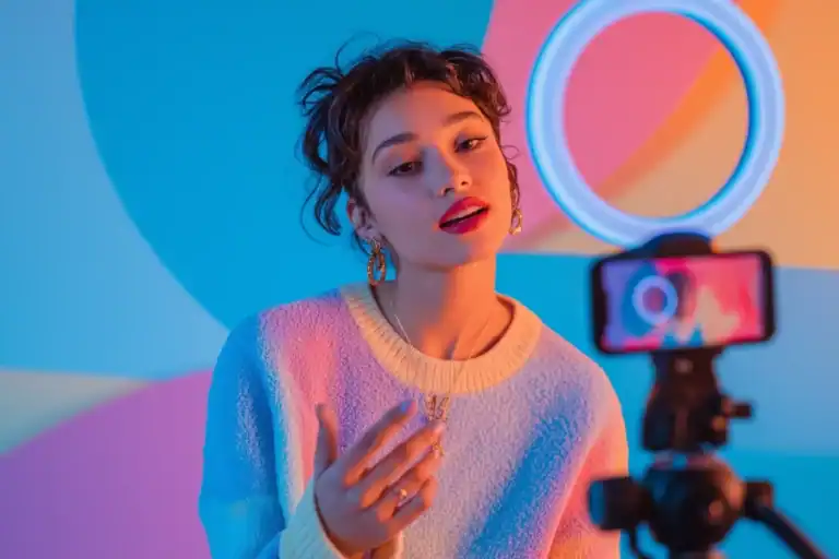Vibrant portrait of young woman filming with ring light and smartphone, colorful background, ASMMONE branding.