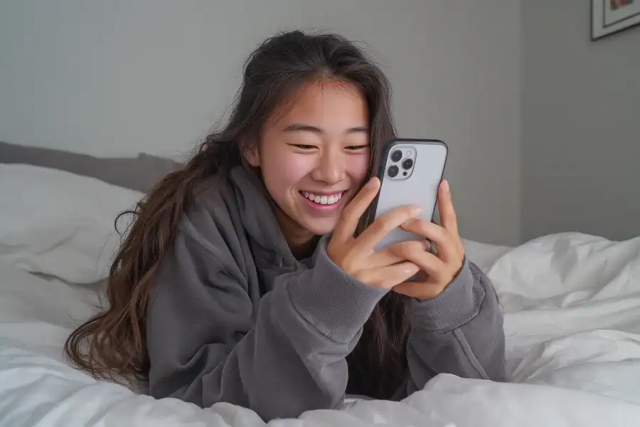 Smiling girl using smartphone on bed, casual indoor setting, happy, modern technology, youthful lifestyle, ASMONÉ.