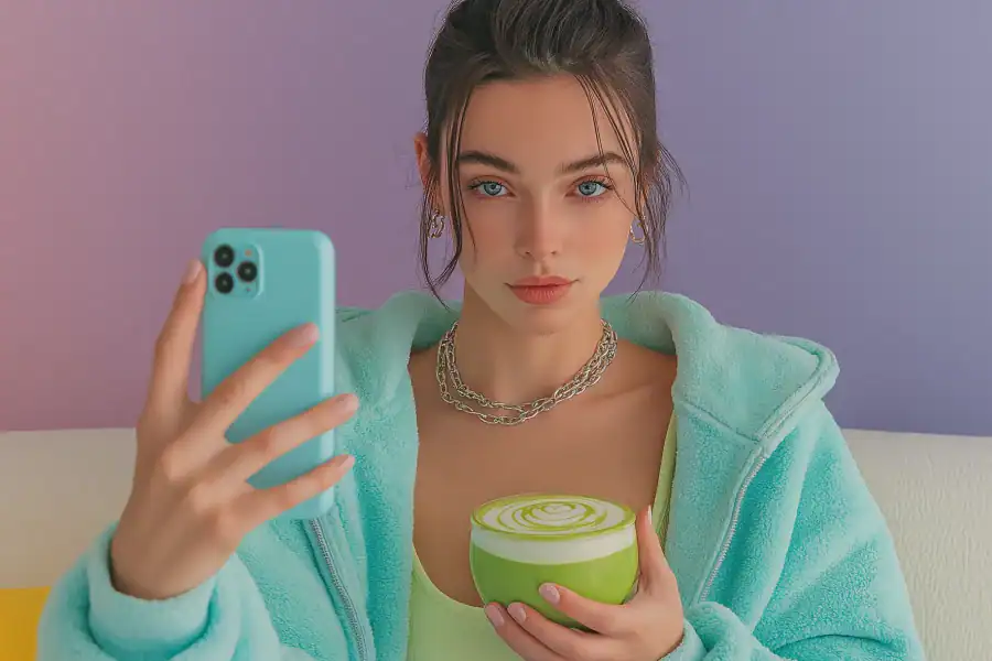 Cute young woman taking a selfie with a smartphone, holding a green tea latte against a pastel background.