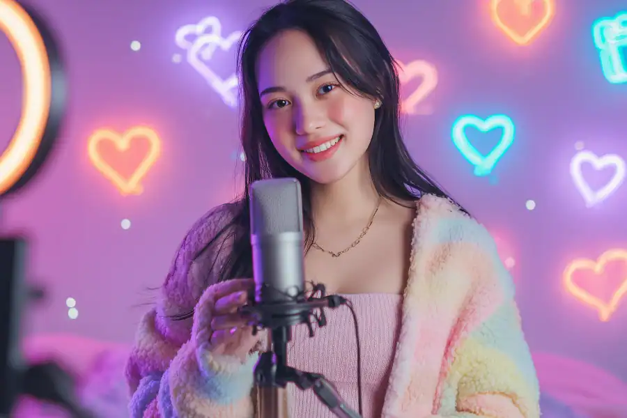 Young woman recording in colorful neon-lit studio with hearts background for ASMR content.