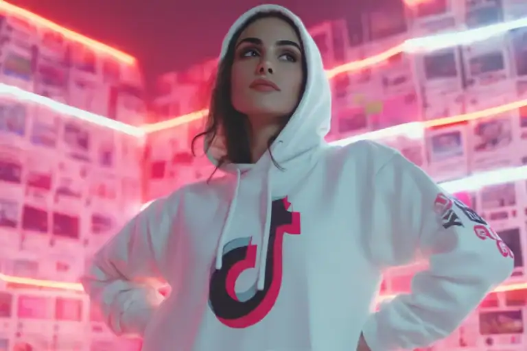 Young woman in TikTok hoodie with neon pink lighting background, representing TikTok influencer culture and social media trend.